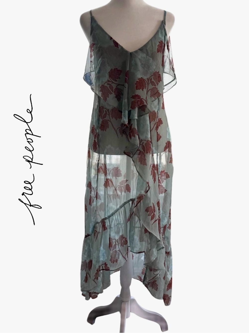 Free People Light Sage Green Floral Ruffle Midi Sheer Dress - Picture 3 of 13